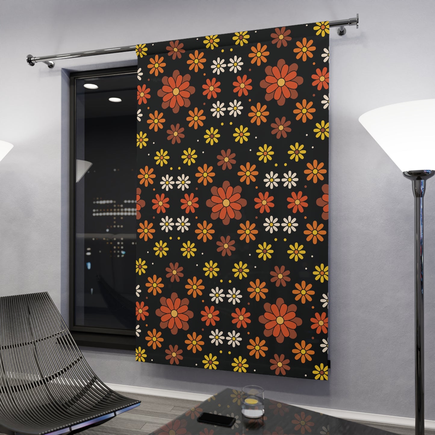 Retro 60s 70s Groovy Mod Daisy Floral Mid Century Black, Brown & Orange Blackout Window Curtain
