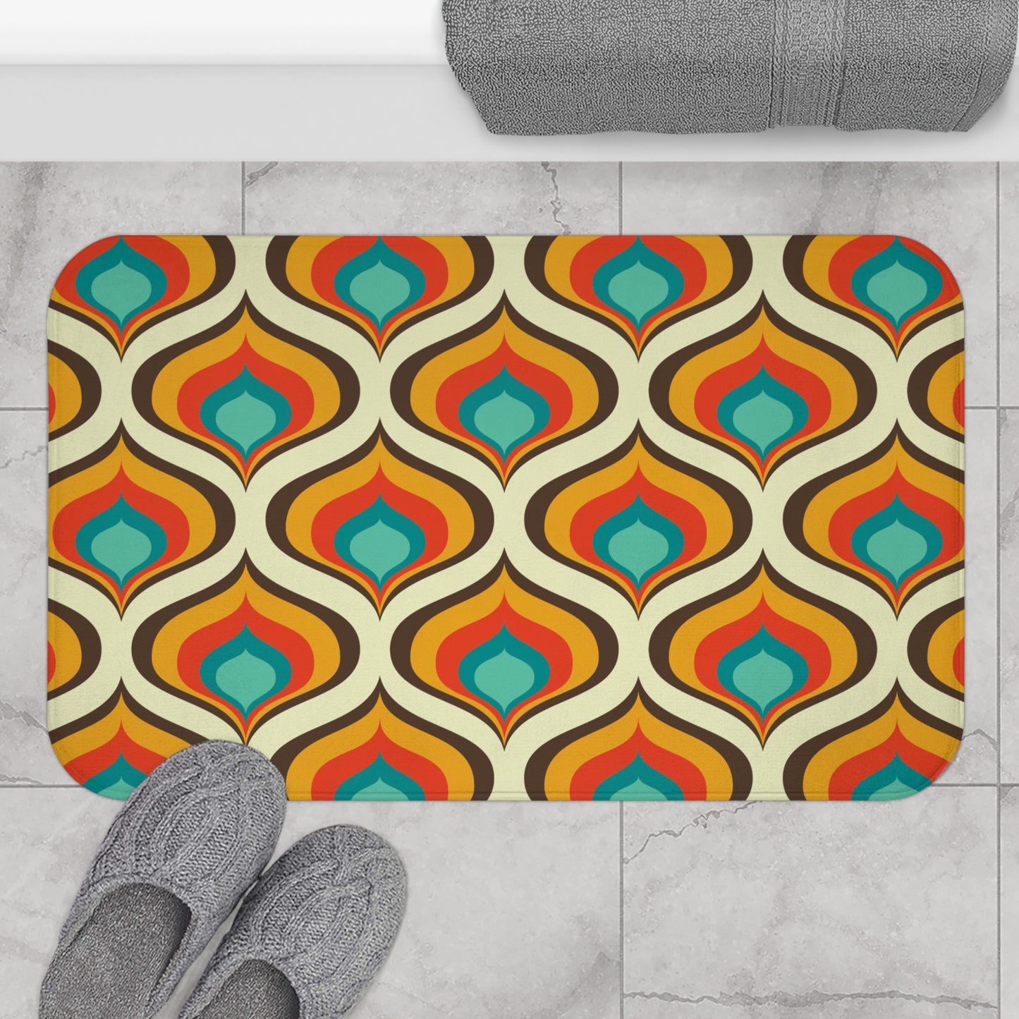 Retro 60s 70s Mid Century Geo Onion Blue & Orange Bath Mat