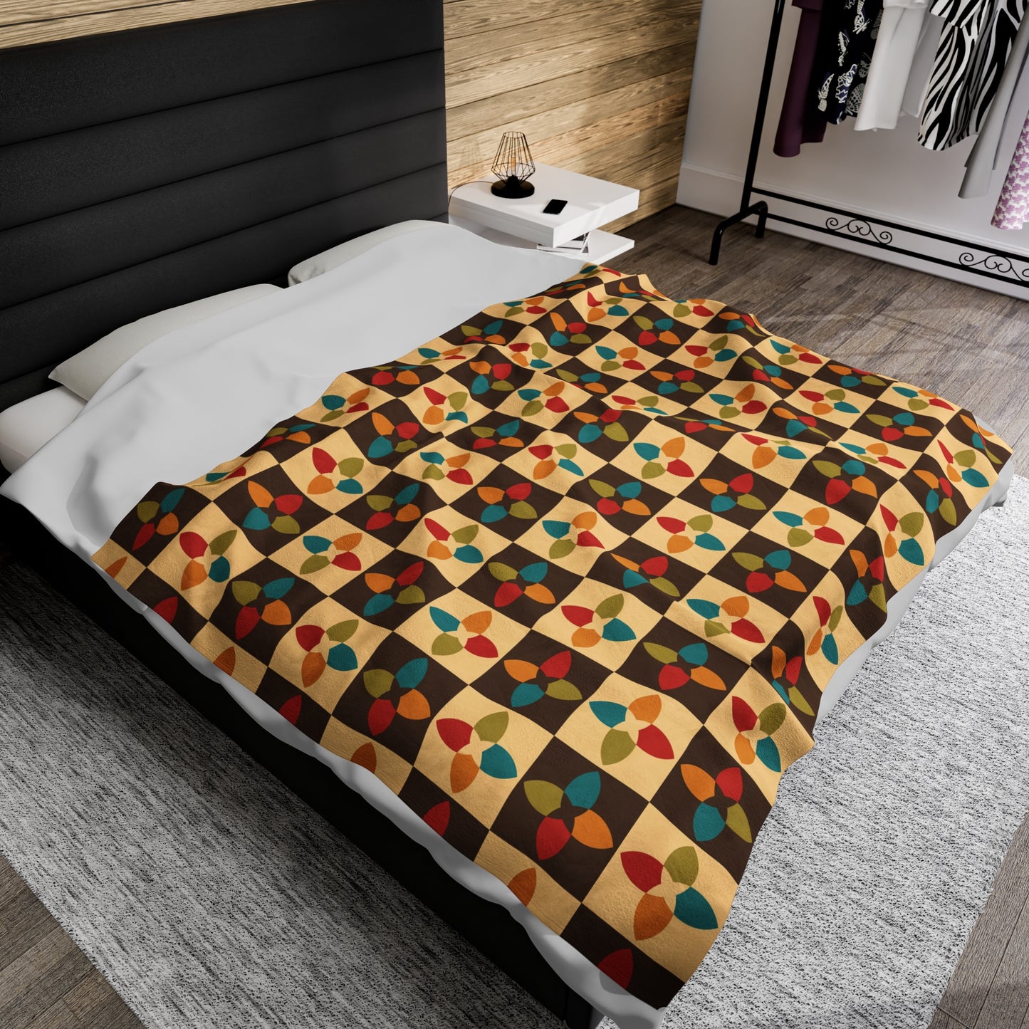 Retro 60s 70s Mid Century Mod Multicolor Lightweight Velveteen Blanket