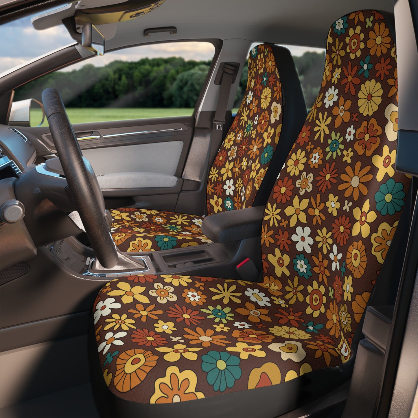 Retro Groovy Flowers Mid Century Modern 60s 70s Brown Car Seat Covers