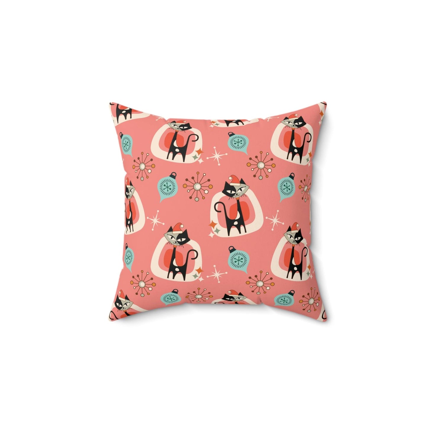 Retro 1950s Christmas Atomic Cats Mid Century Mod Pink Coral Throw Pillow | lovevisionkarma.com