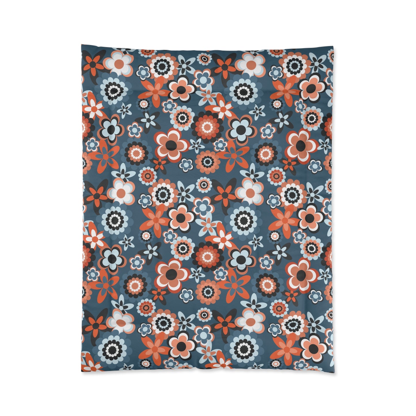 Retro 60s 70s Groovy Flowers Mid Century Mod Coral & Blue Comforter