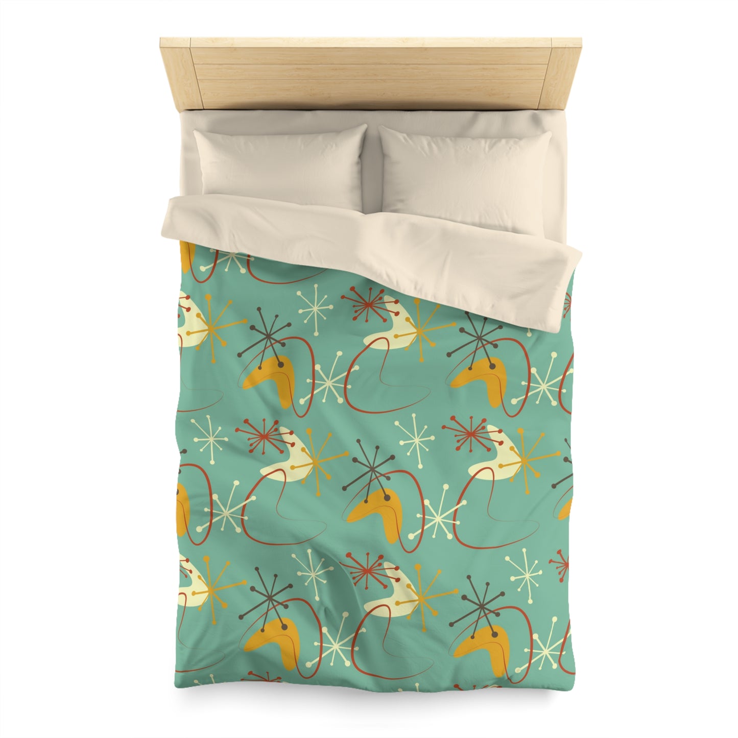 Retro Atomic Starburst & Boomerang Mid Century Blue & Mustard Duvet Cover