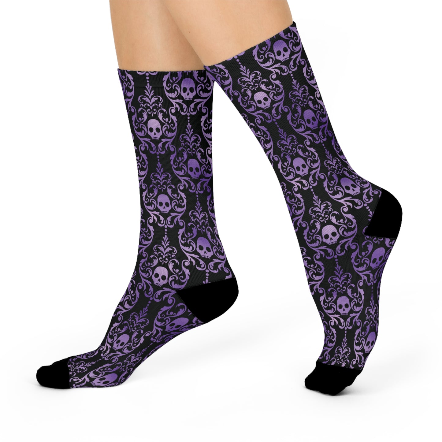 Dark Academia Damask Skull, Victorian Goth Inspired Purple & Black Glam Goth Cushioned Crew Socks
