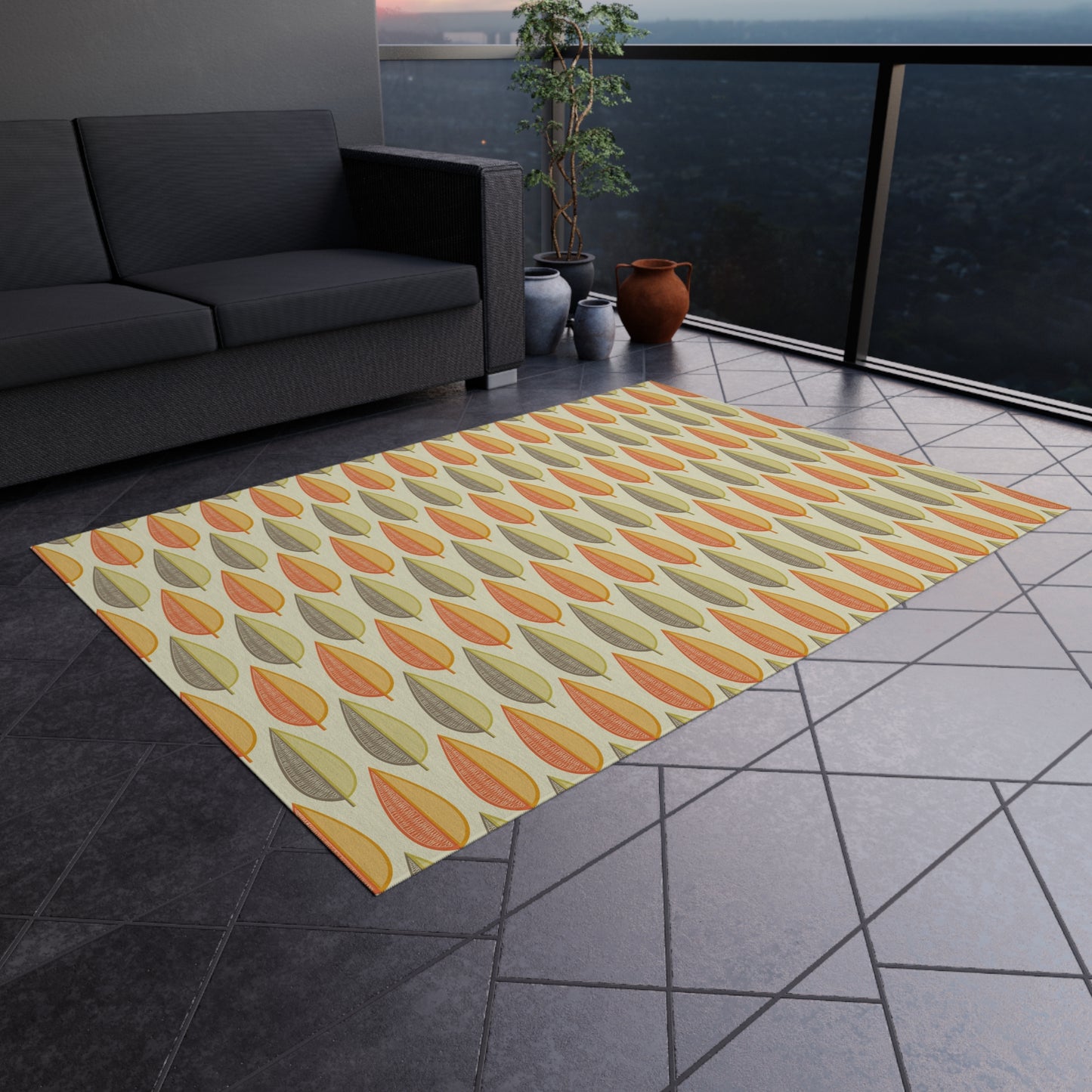 Retro 60s Mid Century Modern Leaves Orange, Green & Cream Indoor/Outdoor Accent Rug