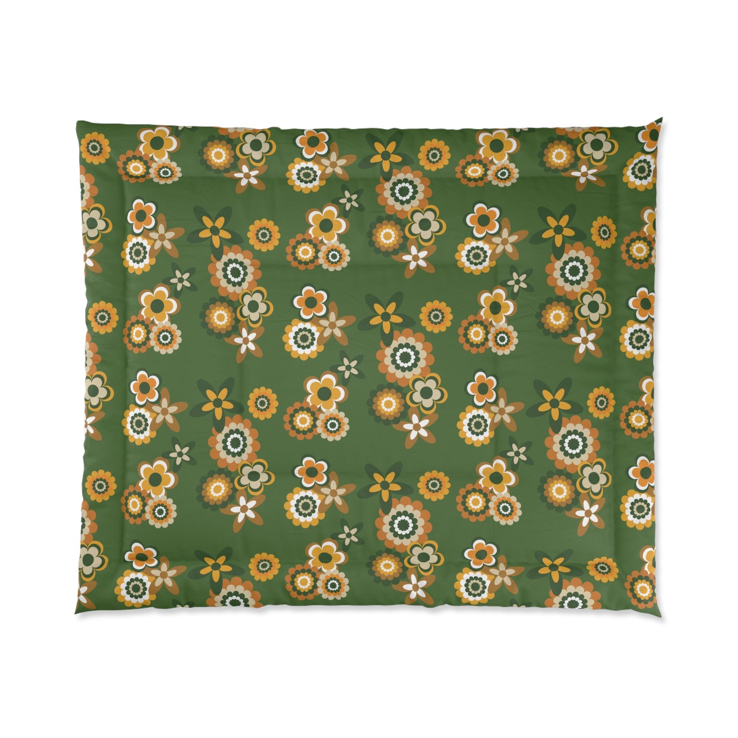 Retro 60s 70s Groovy Flowers Mid Century Mod Mustard & Green Comforter
