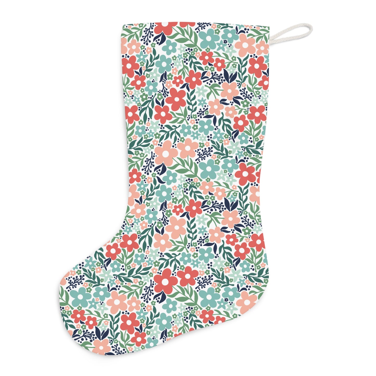 Retro Minimalist Scandi Flowers Cottagecore MCM Vintage Inspired Coral & Teal Christmas Stocking