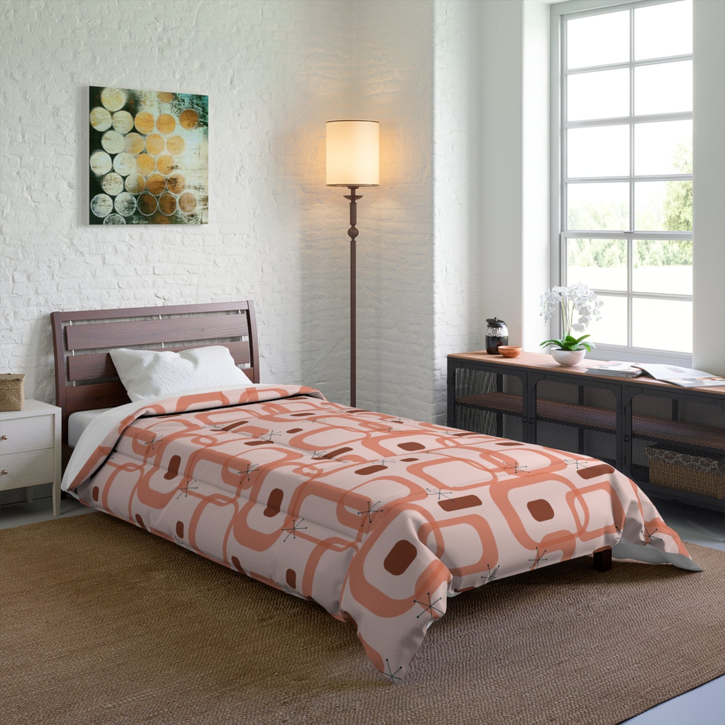 Retro 50s Atomic Starbursts & Loops Mid Century Mod Pink Comforter