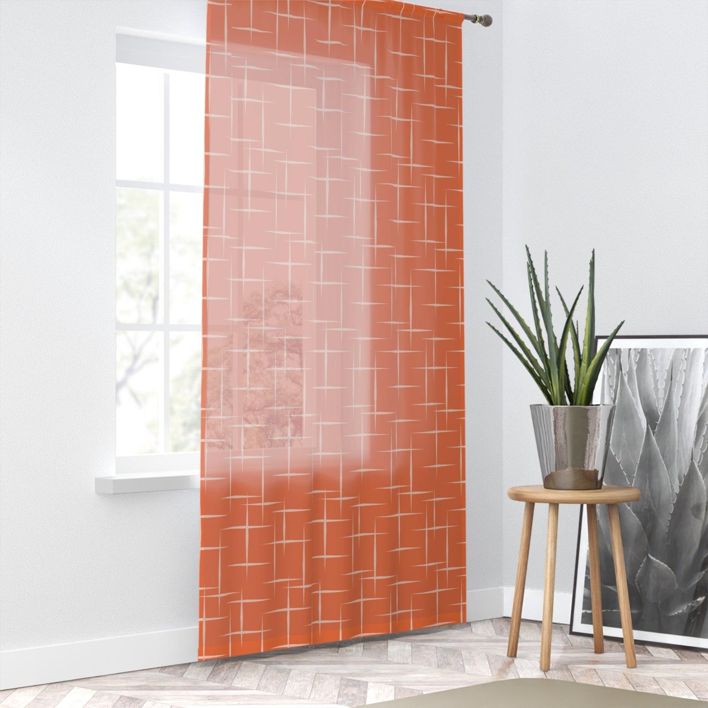 Retro 50s Orange Mid Century Modern Sheer Window Curtain | lovevisionkarma.com