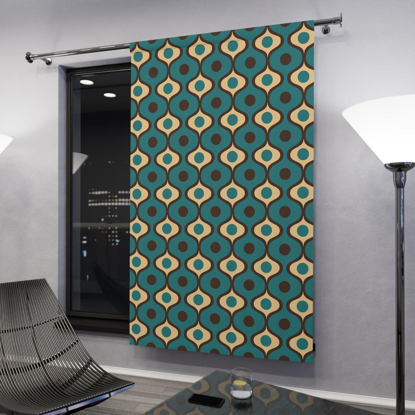Retro 60s 70s Mid Century Mod Funky Geo Blue, Cream & Brown Blackout Window Curtain