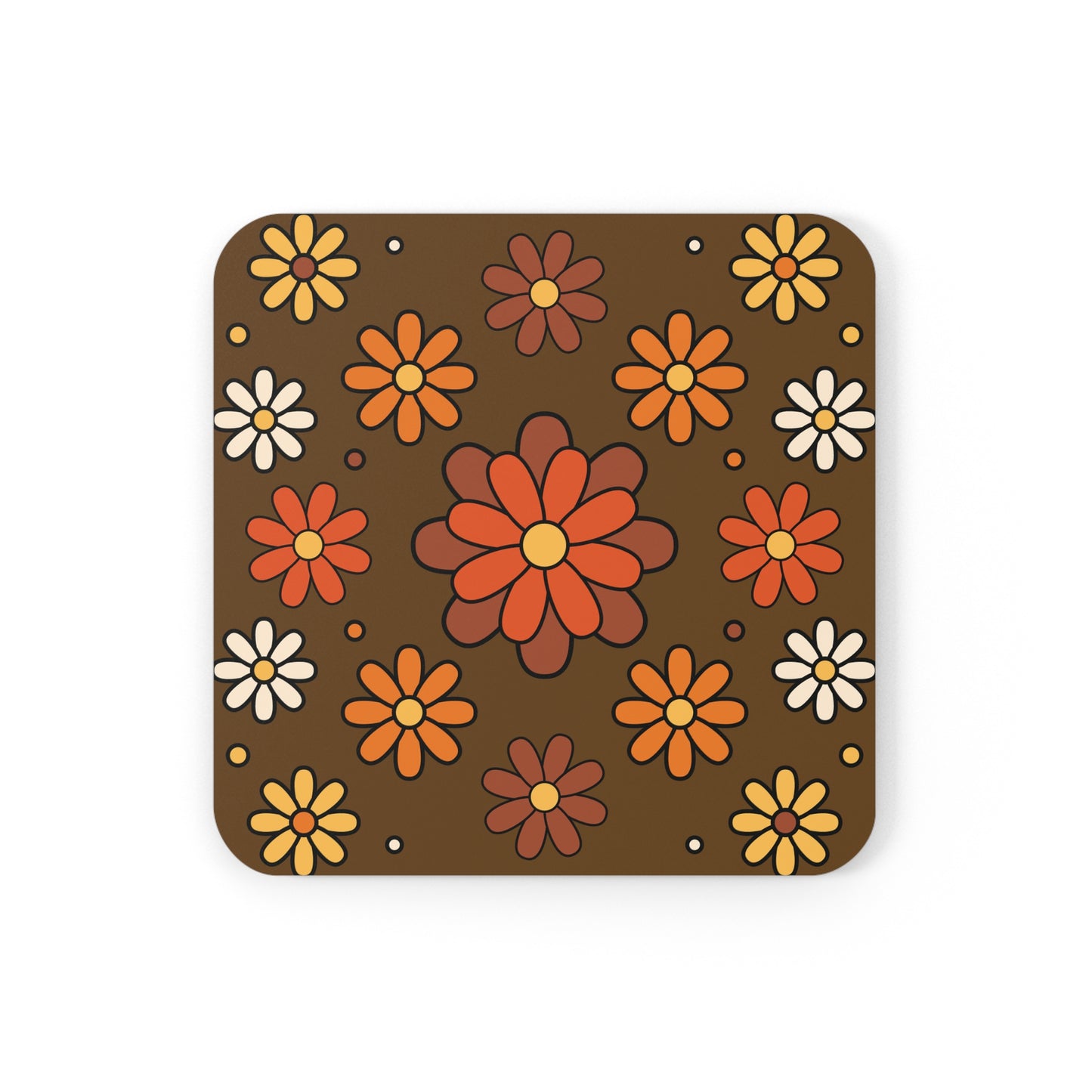Retro 60s 70s Groovy Mod Daisy Mid Century Brown, Orange & Mustard Coaster Set