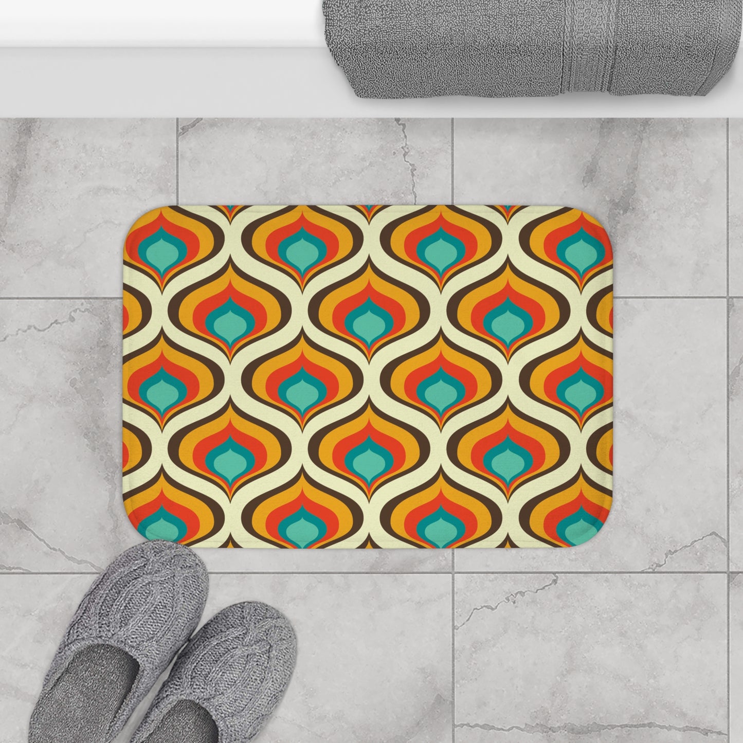Retro 60s 70s Mid Century Geo Onion Blue & Orange Bath Mat