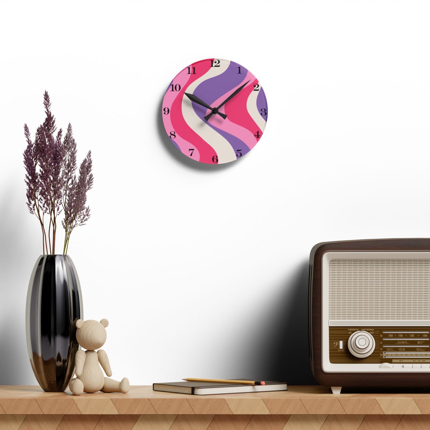 Groovy 60's Hippie Swirl Pink & Purple Mid Century Mod Acrylic Wall Clock