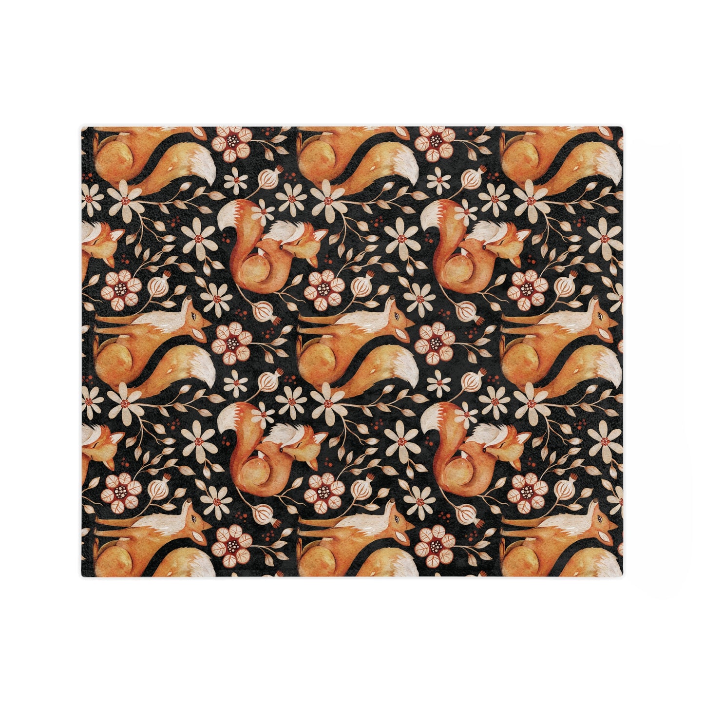 Enchanted Woodland Fox, Floral Dark Cottagecore Watercolor Style, Black Velveteen Microfiber Blanket