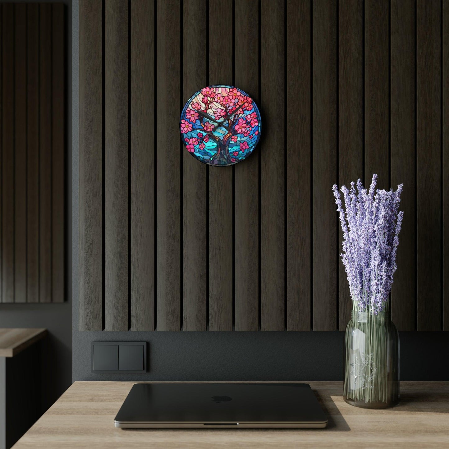 Cherry Blossom Tree Stained Glass Inspired, Sakura Pink & Blue Acrylic Wall Clock | lovevisionkarma.com