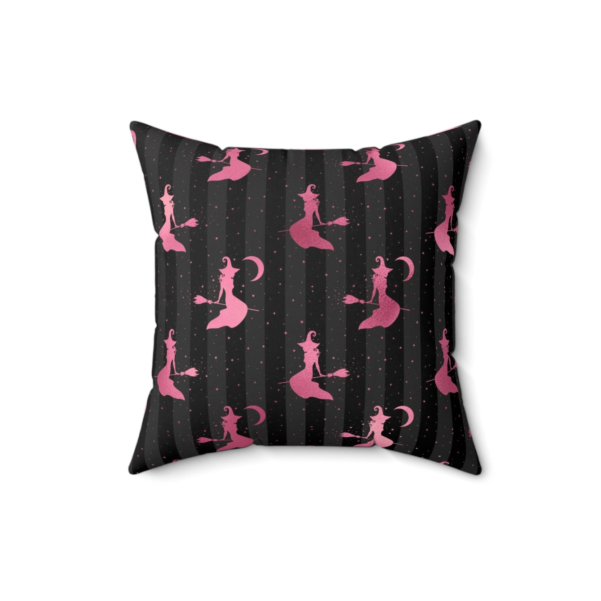Flying Witch Glam Goth Halloween Pink & Black Throw Pillow | lovevisionkarma.com