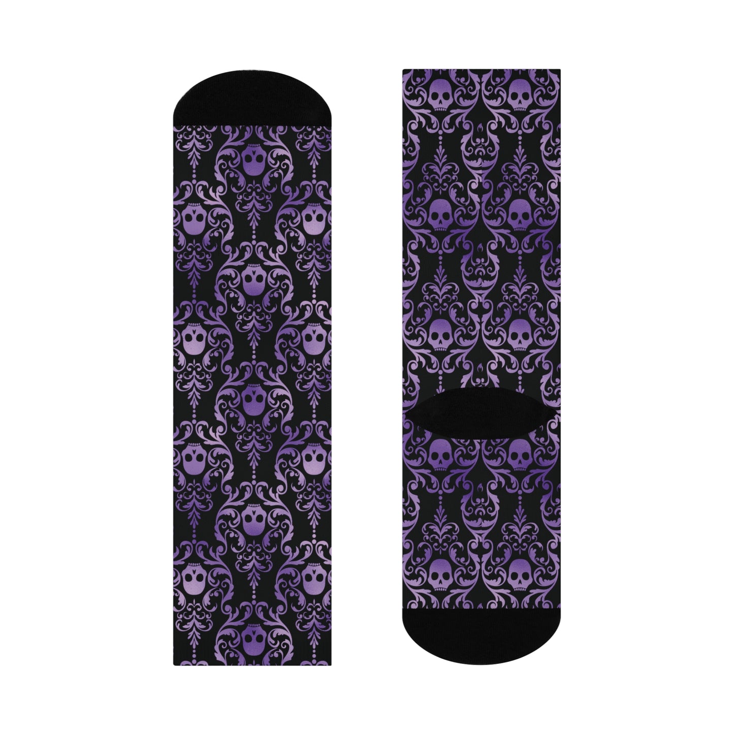 Dark Academia Damask Skull, Victorian Goth Inspired Purple & Black Glam Goth Cushioned Crew Socks