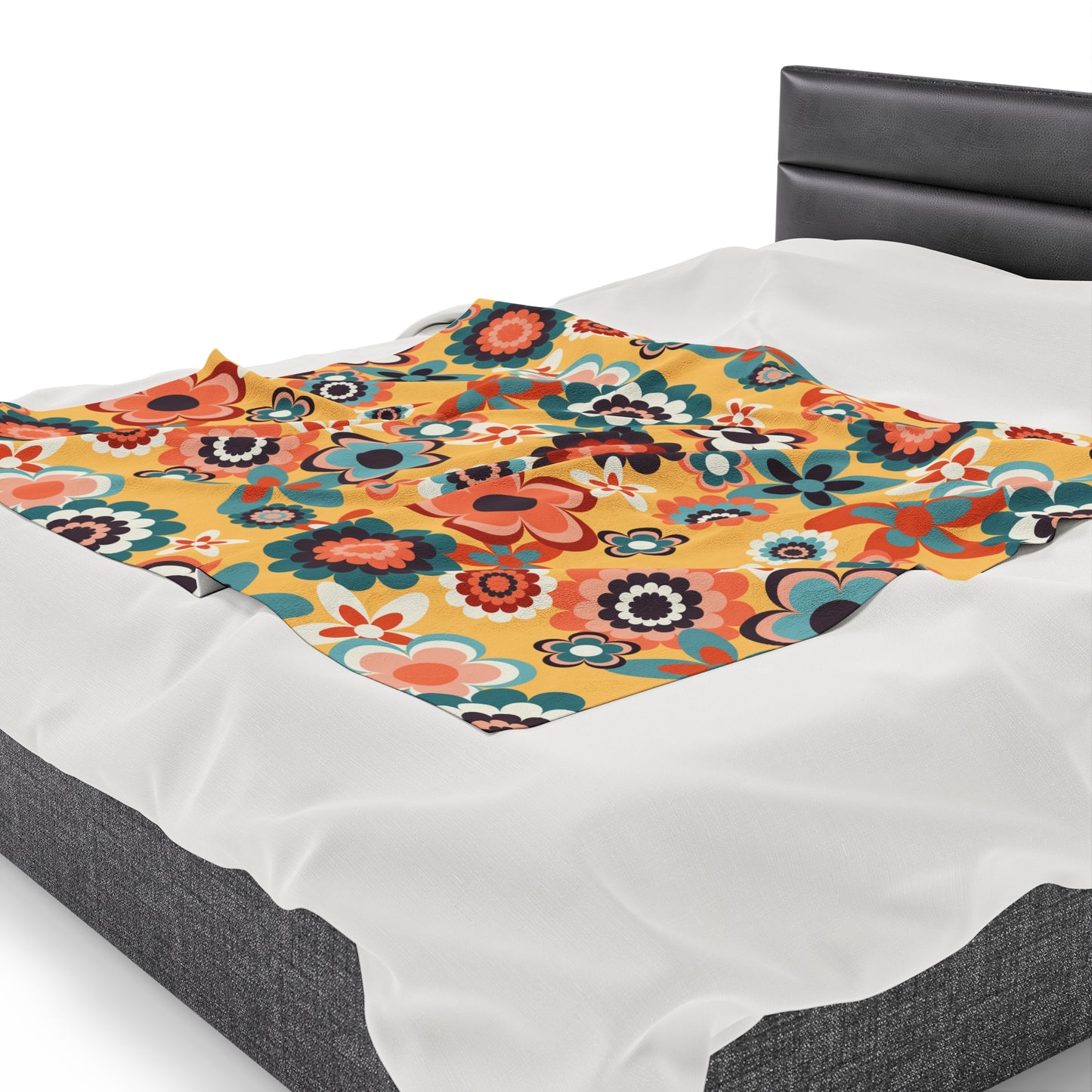 Retro 60s 70s Groovy Flowers Boho MCM Yellow, Coral & Blue Velveteen Lightweight Blanket