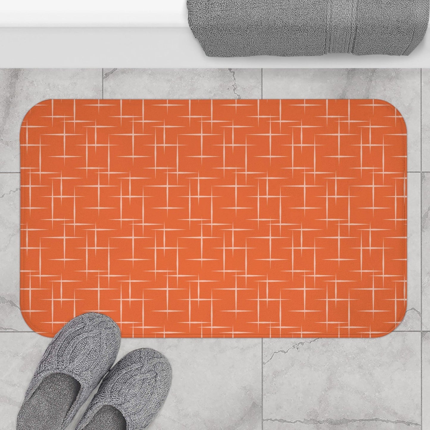 Retro 50s Abstract Lines Mid Century Modern Orange Bath Mat | lovevisionkarma.com