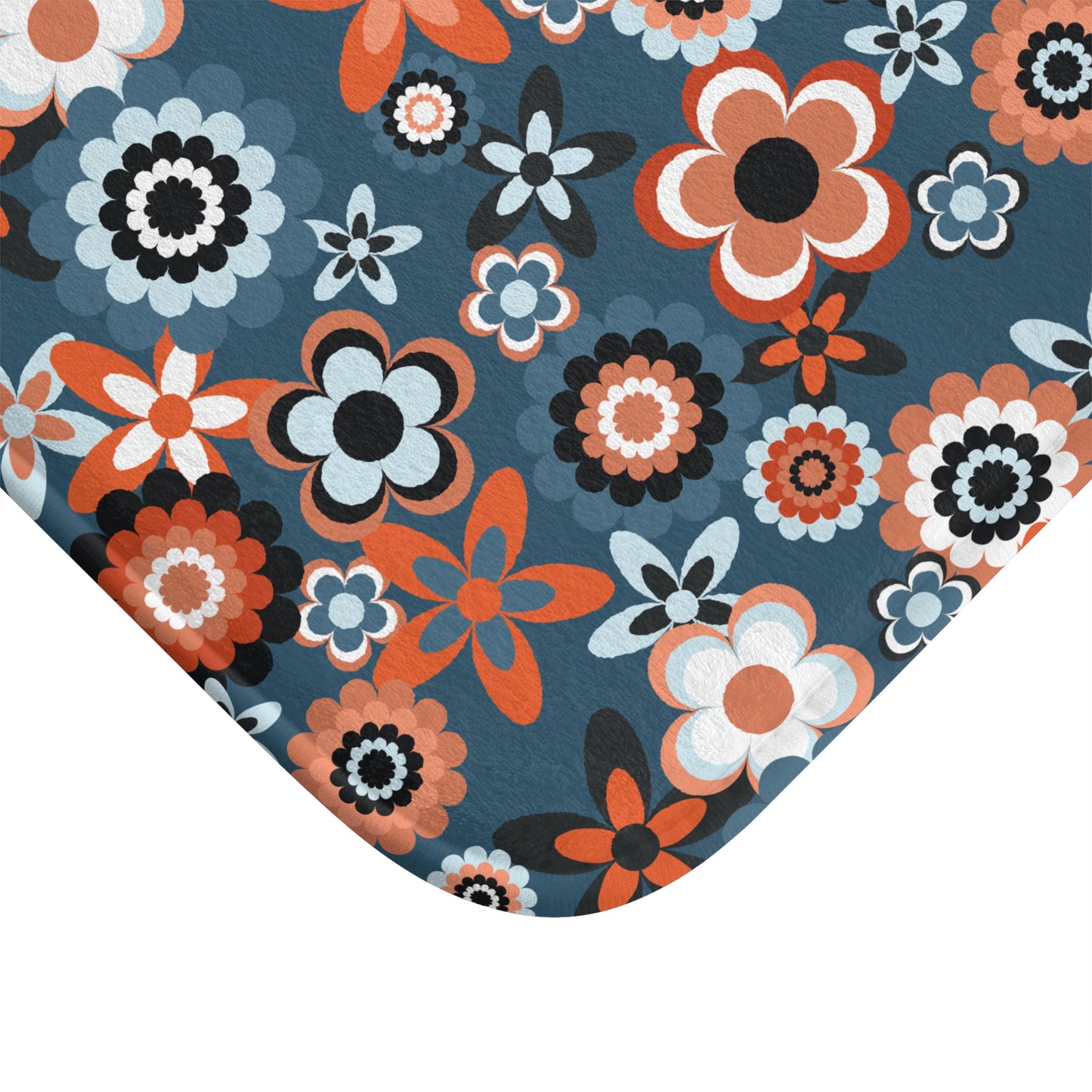 Retro 60s 70s Groovy Flowers Boho Mid Century Mod Coral & Blue Bath Mat