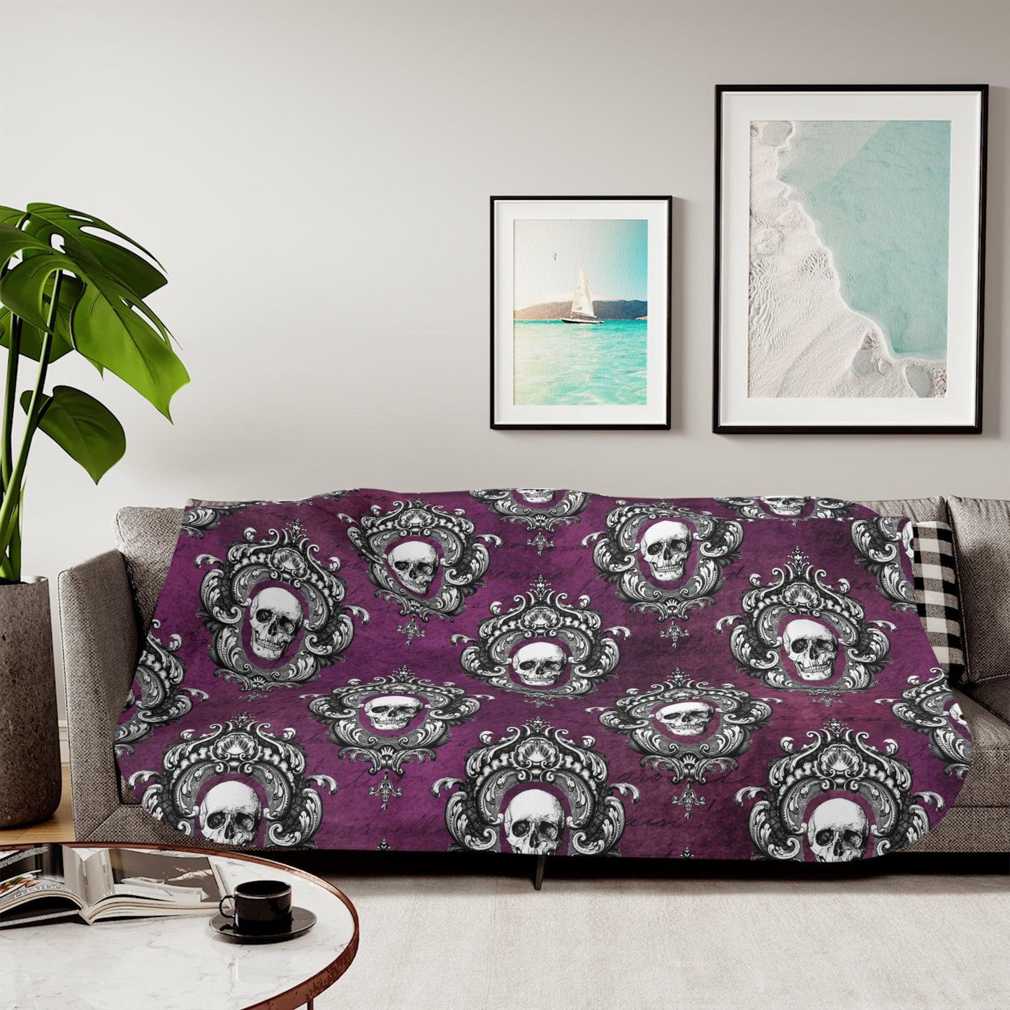 Gothic Skull Ornate Frame Purple Glam Goth Halloween Sherpa Blanket | lovevisionkarma.com