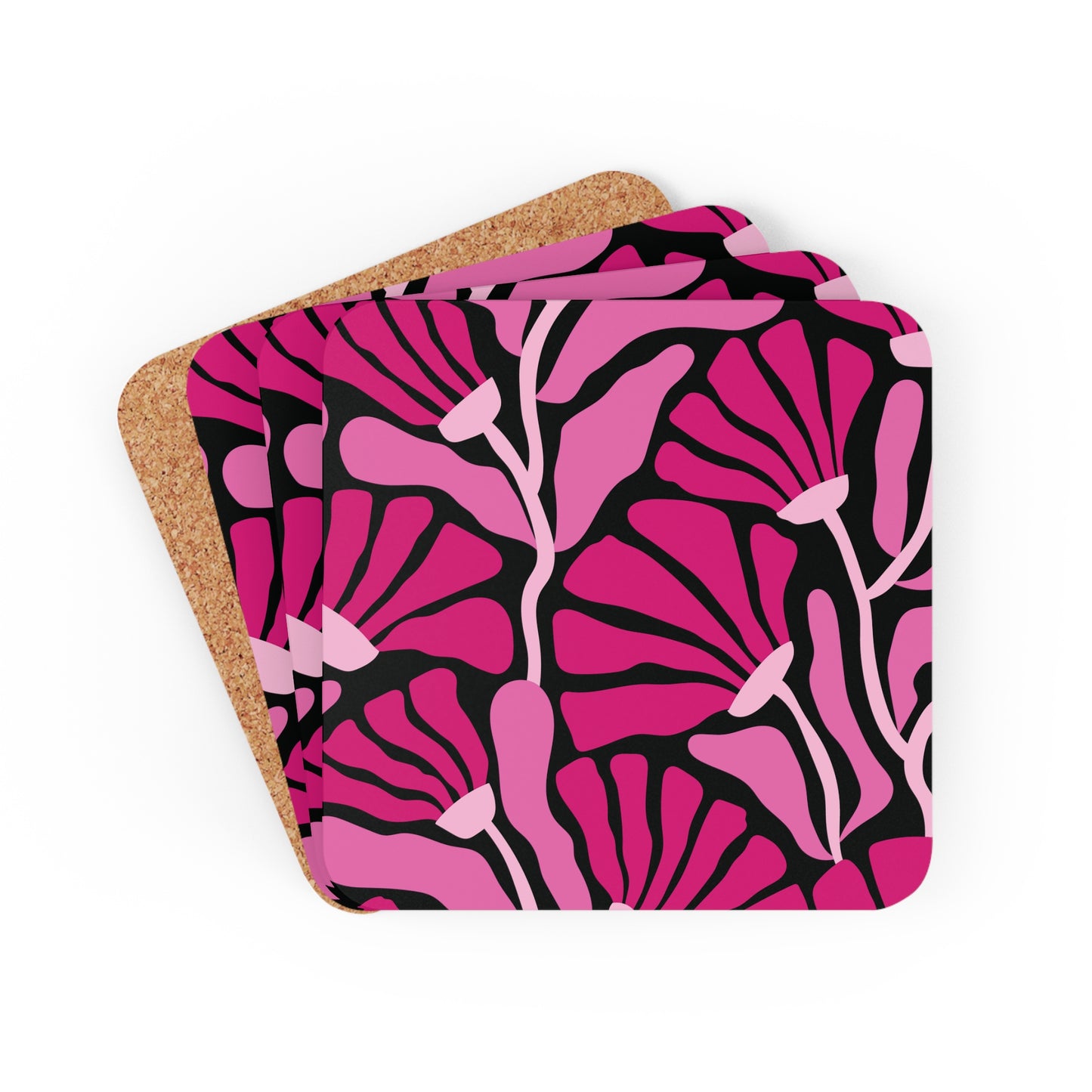 Groovy Mod Minimalist Flowers MCM Pink & Black Coaster Set