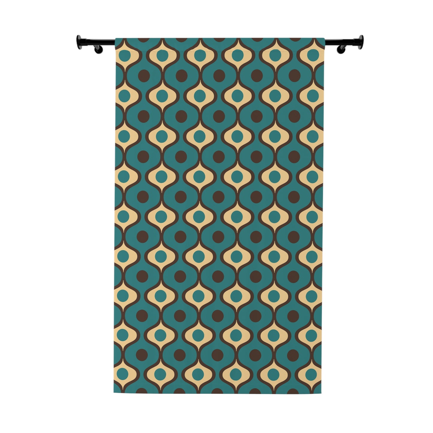 Retro 60s 70s Mid Century Mod Funky Geo Blue, Cream & Brown Blackout Window Curtain