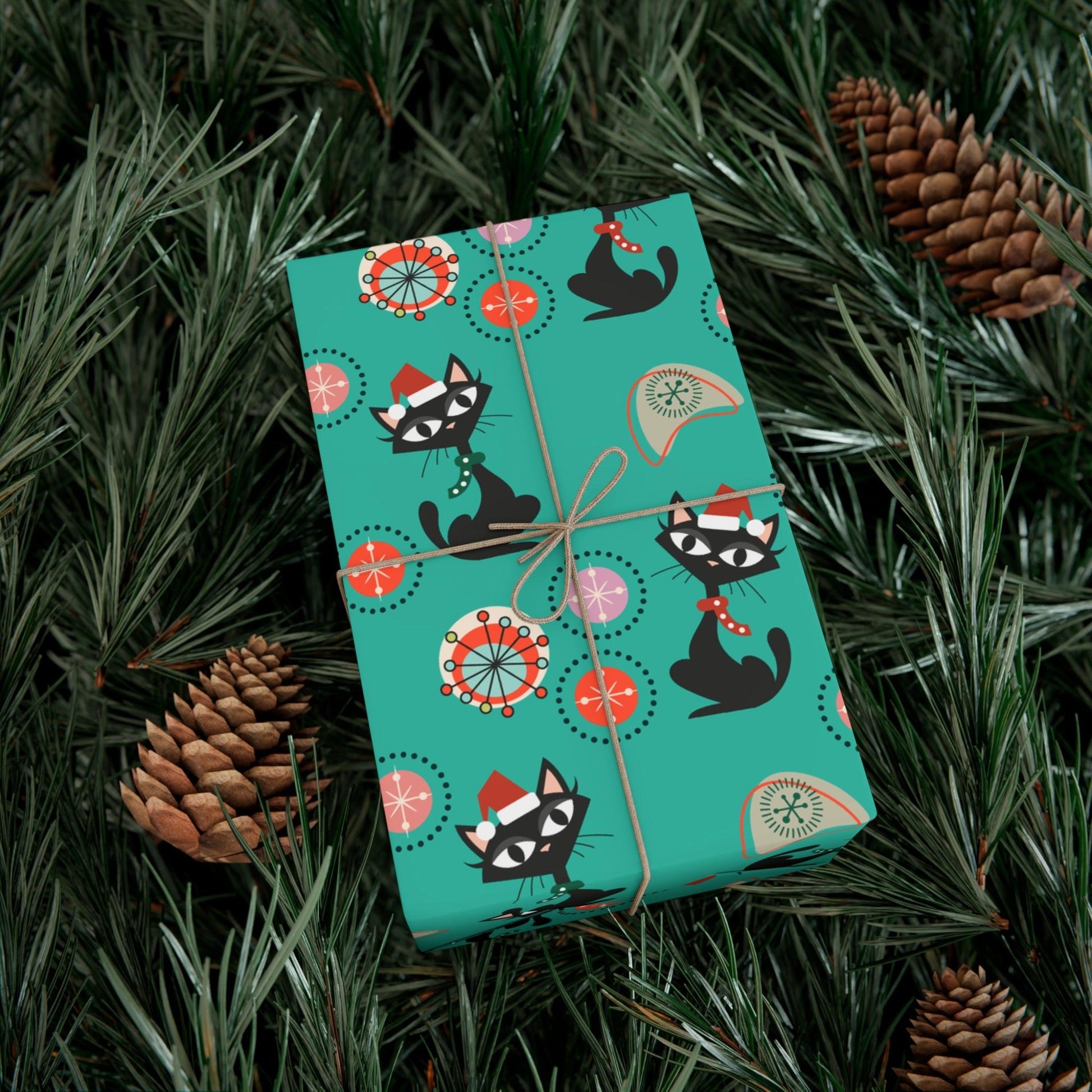 Retro 50's Atomic Cat Christmas Kitschy Mid Century Modern Teal Blue Eco-Friendly Wrapping Paper | lovevisionkarma.com