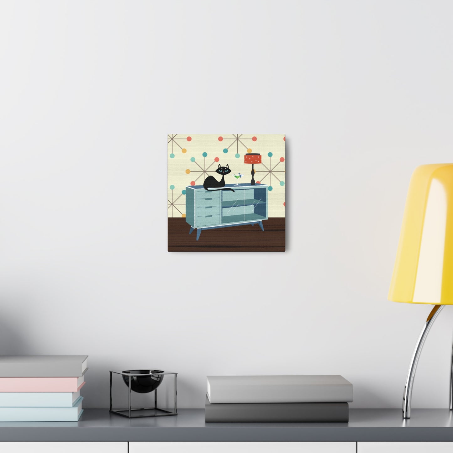 Retro 50s Atomic Cat Lounging Mid Century Mod Multicolor Canvas Gallery Wrap