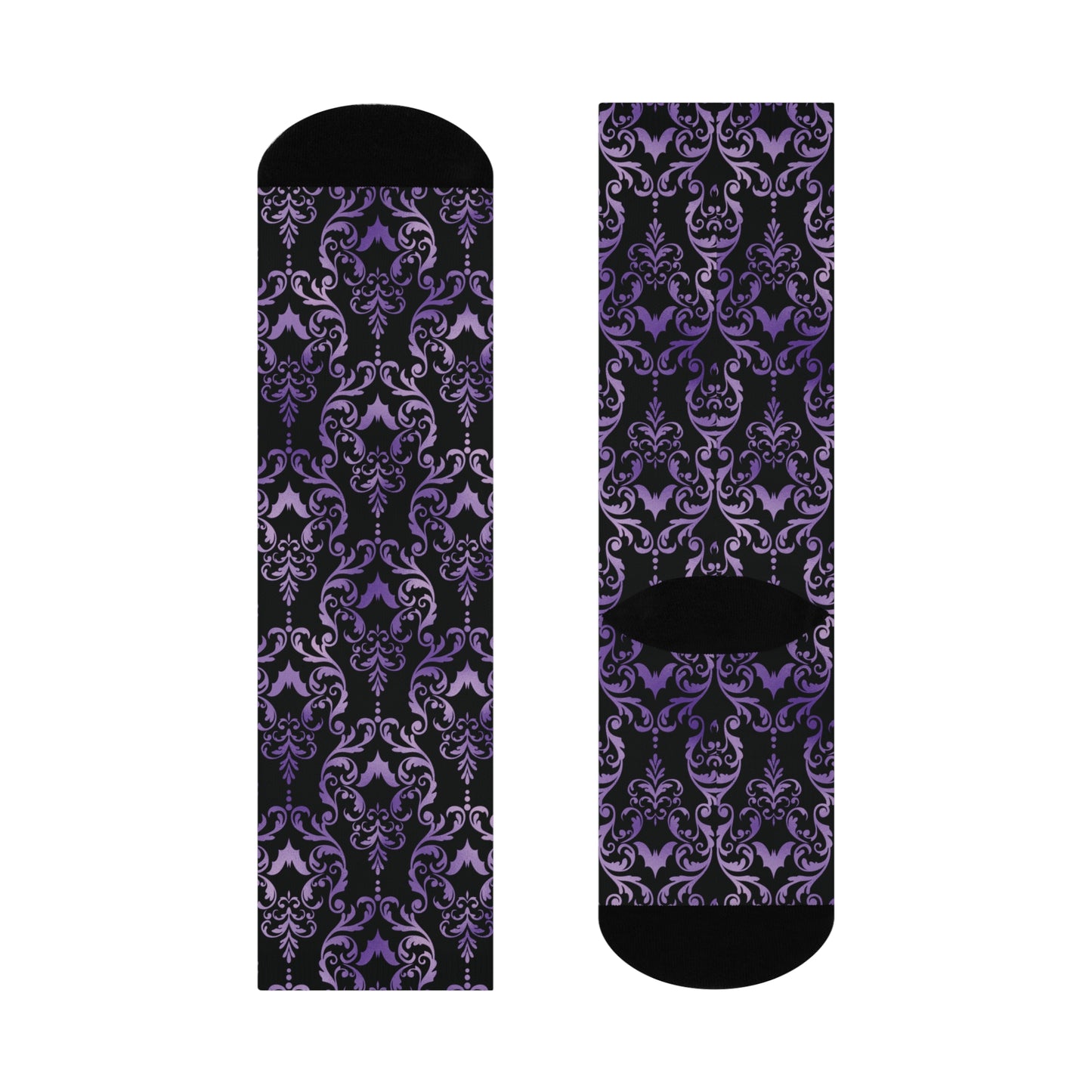 Dark Academia Damask Bat, Victorian Goth Inspired Purple & Black Glam Goth Cushioned Crew Socks