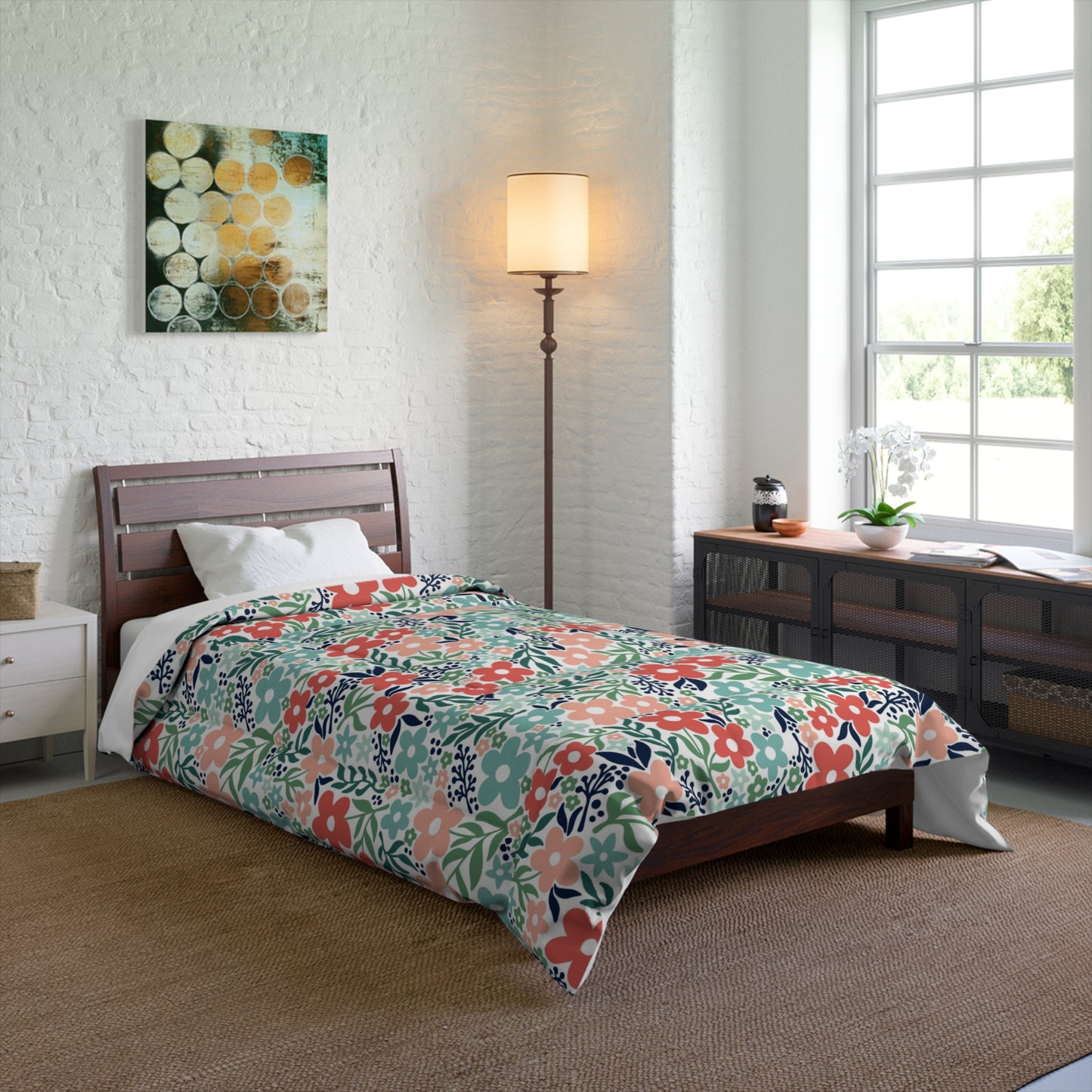 Retro Minimalist Scandi Flowers Cottagecore MCM Vintage Inspired Coral & Teal Comforter