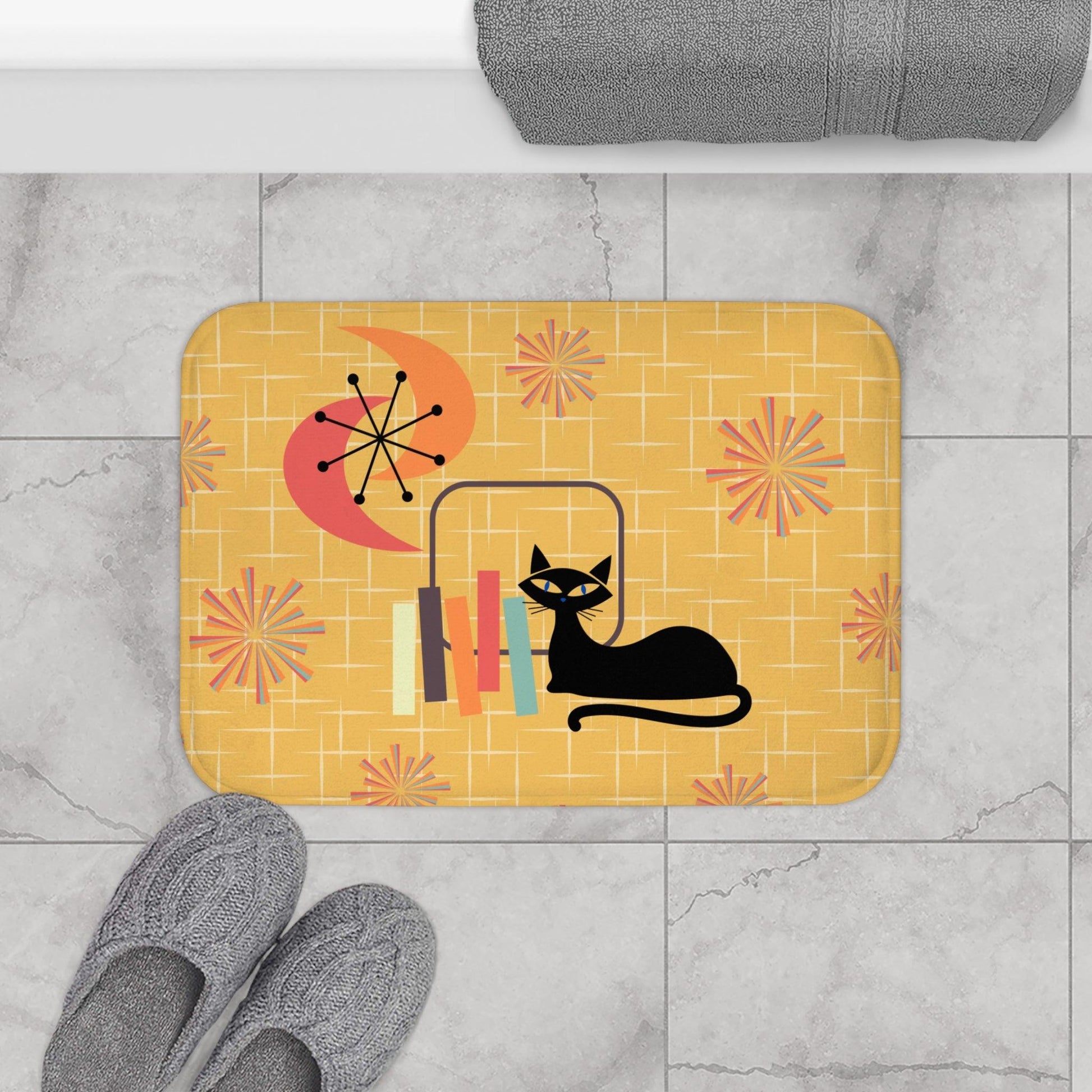 Retro Atomic Cat and Starbursts Mid Century Modern Yellow Bath Mat | lovevisionkarma.com