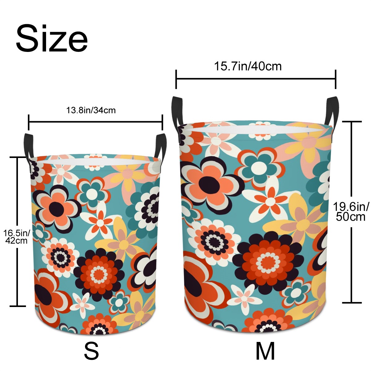 Retro 60s 70s Groovy Flowers Boho Blue, Coral and Yellow MCM Round Laundry Hamper