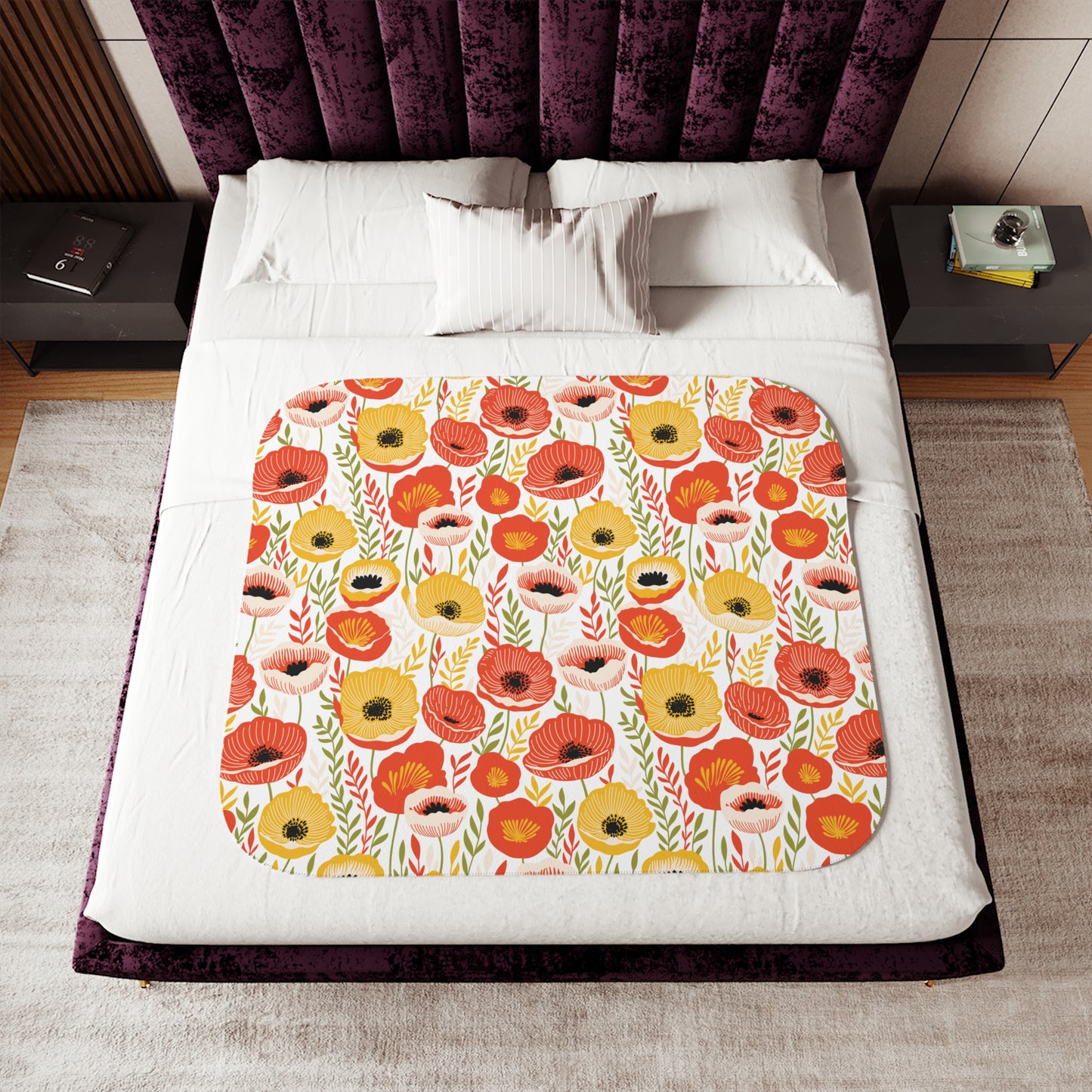 Retro 60's Mid Century Mod Poppies Floral Cottagecore Yellow, Orange & Green Sherpa Blanket