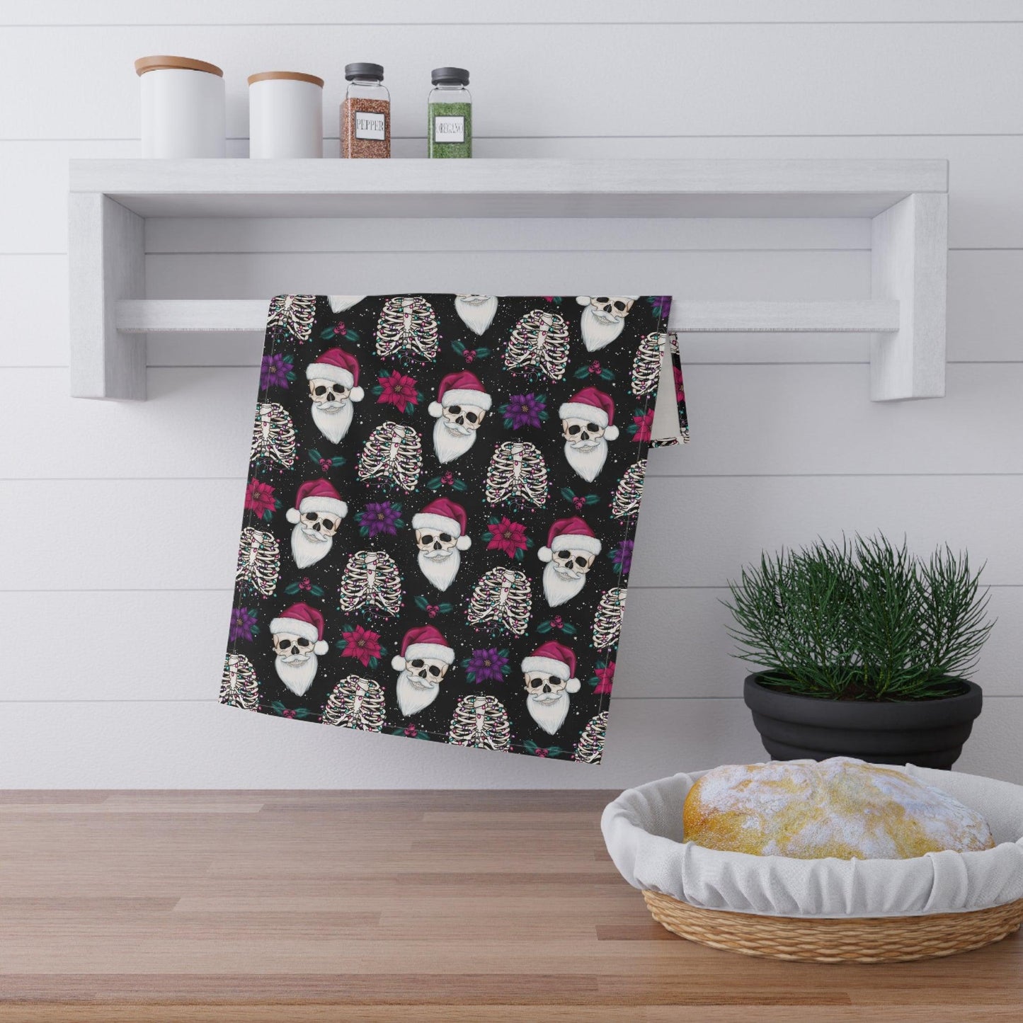 Skull Santa Goth Christmas, Creepy Scary Black Creepmas Holiday Kitchen Tea Towel | lovevisionkarma.com