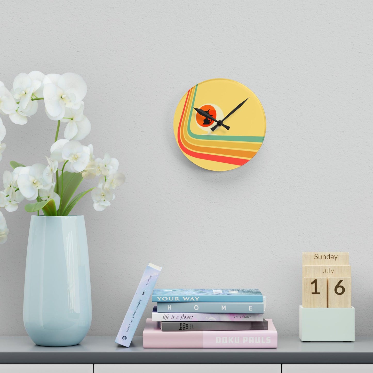 Retro Atomic Cat in Ball Chair, Yellow Mid Century Mod Acrylic Wall Clock | lovevisionkarma.com