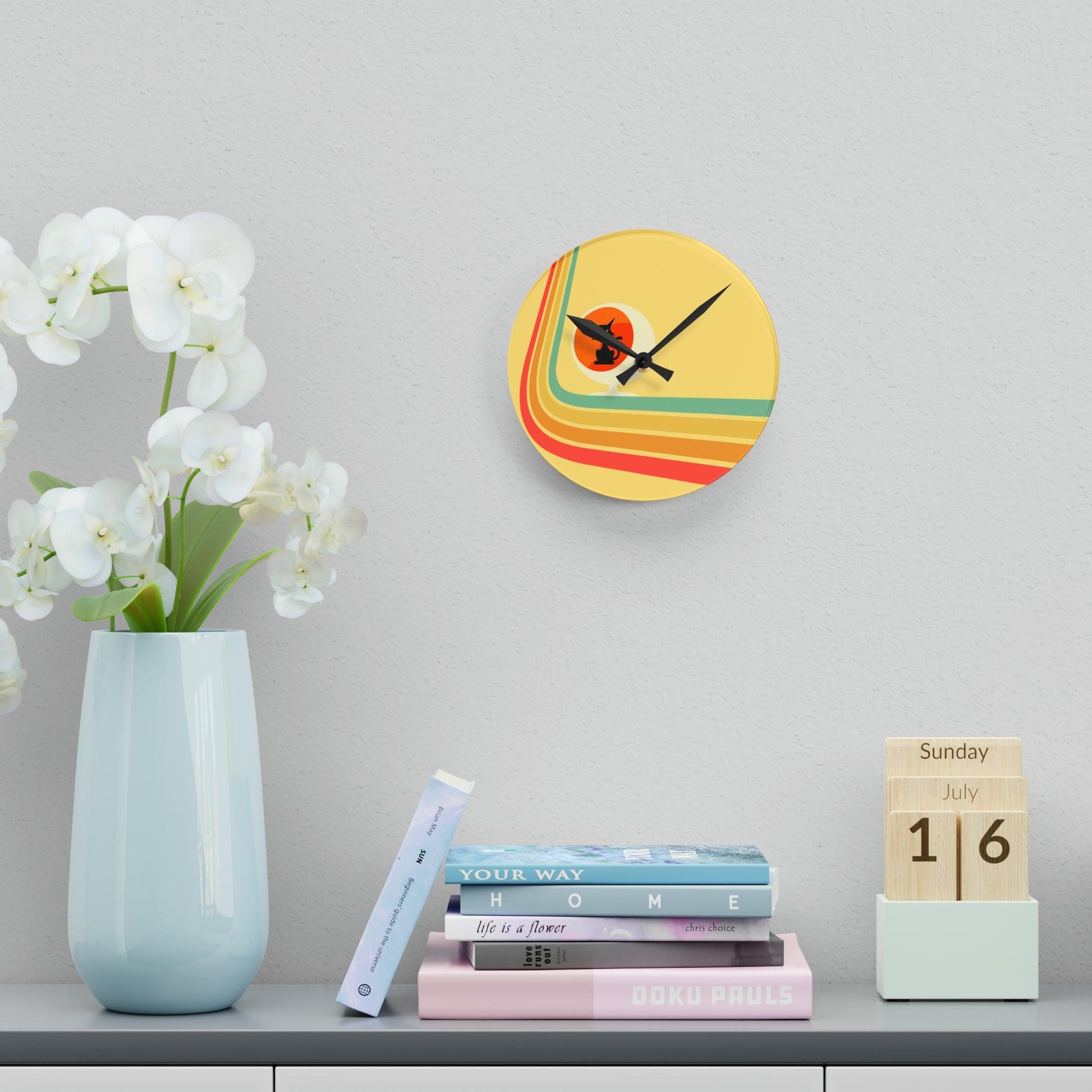 Retro Atomic Cat in Ball Chair, Yellow Mid Century Mod Acrylic Wall Clock | lovevisionkarma.com
