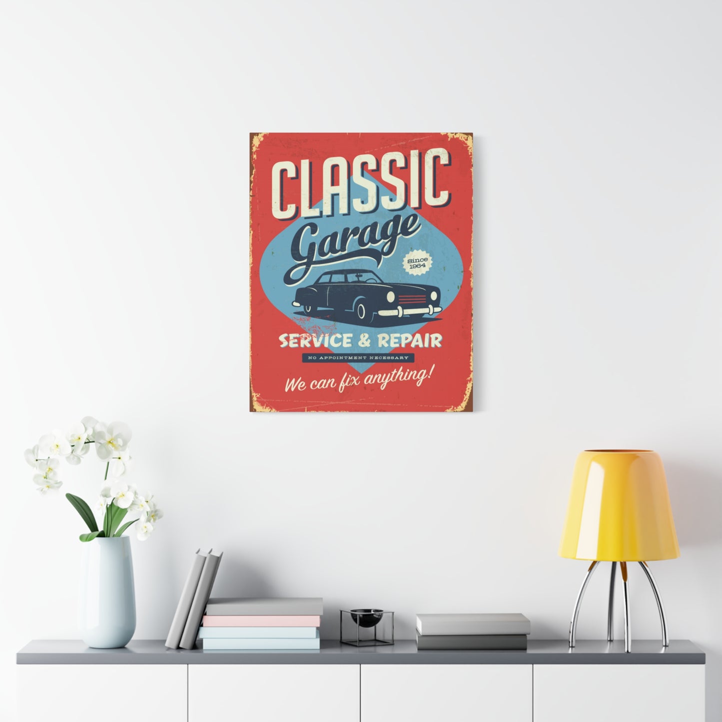 Retro 1950's Classic Car Garage Sign Mid Century Modern Orange & Blue Canvas Wall Art