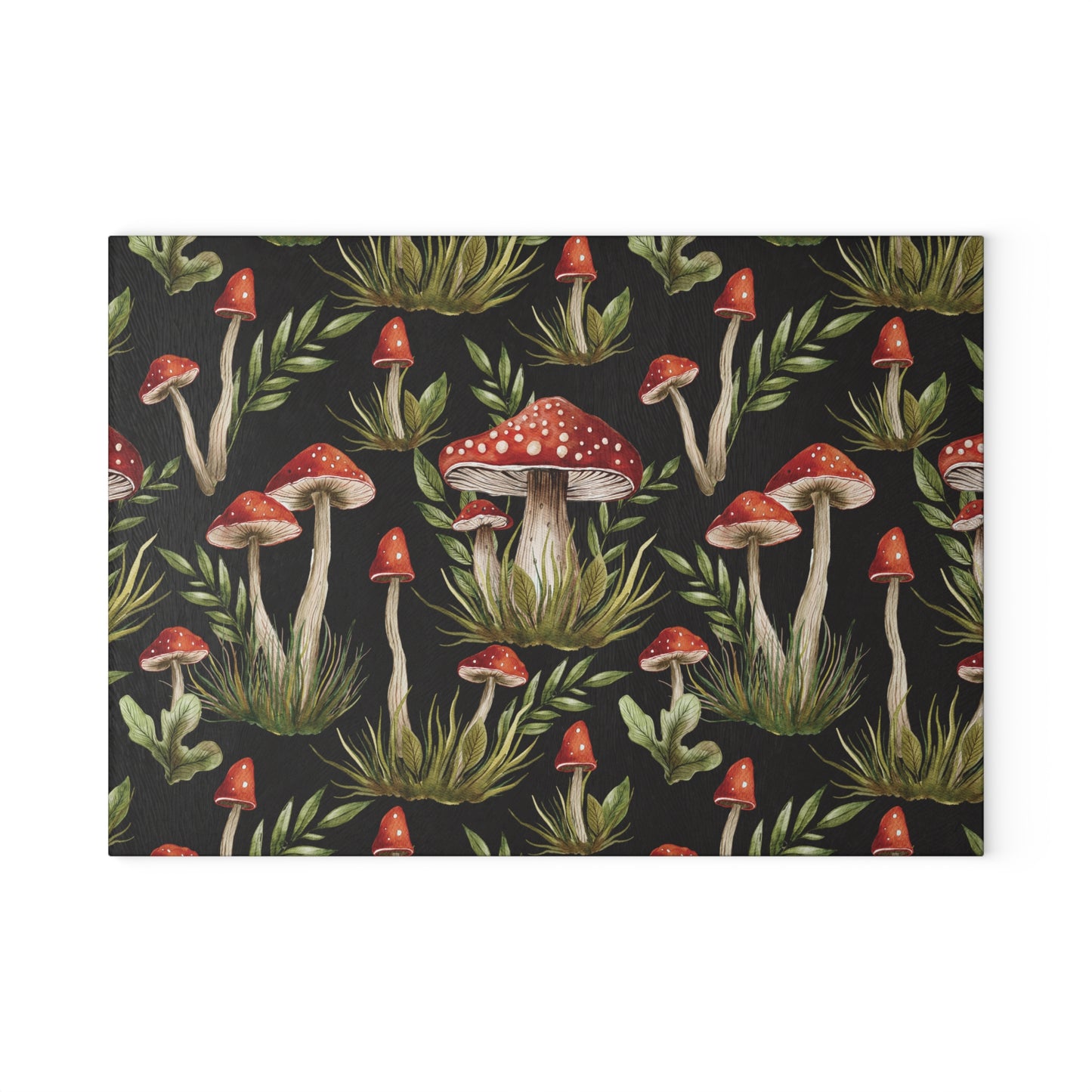 Amanita Muscaria Mushroom, Boho Dark Cottagecore Watercolor Black, Red & Green Glass Cutting Board