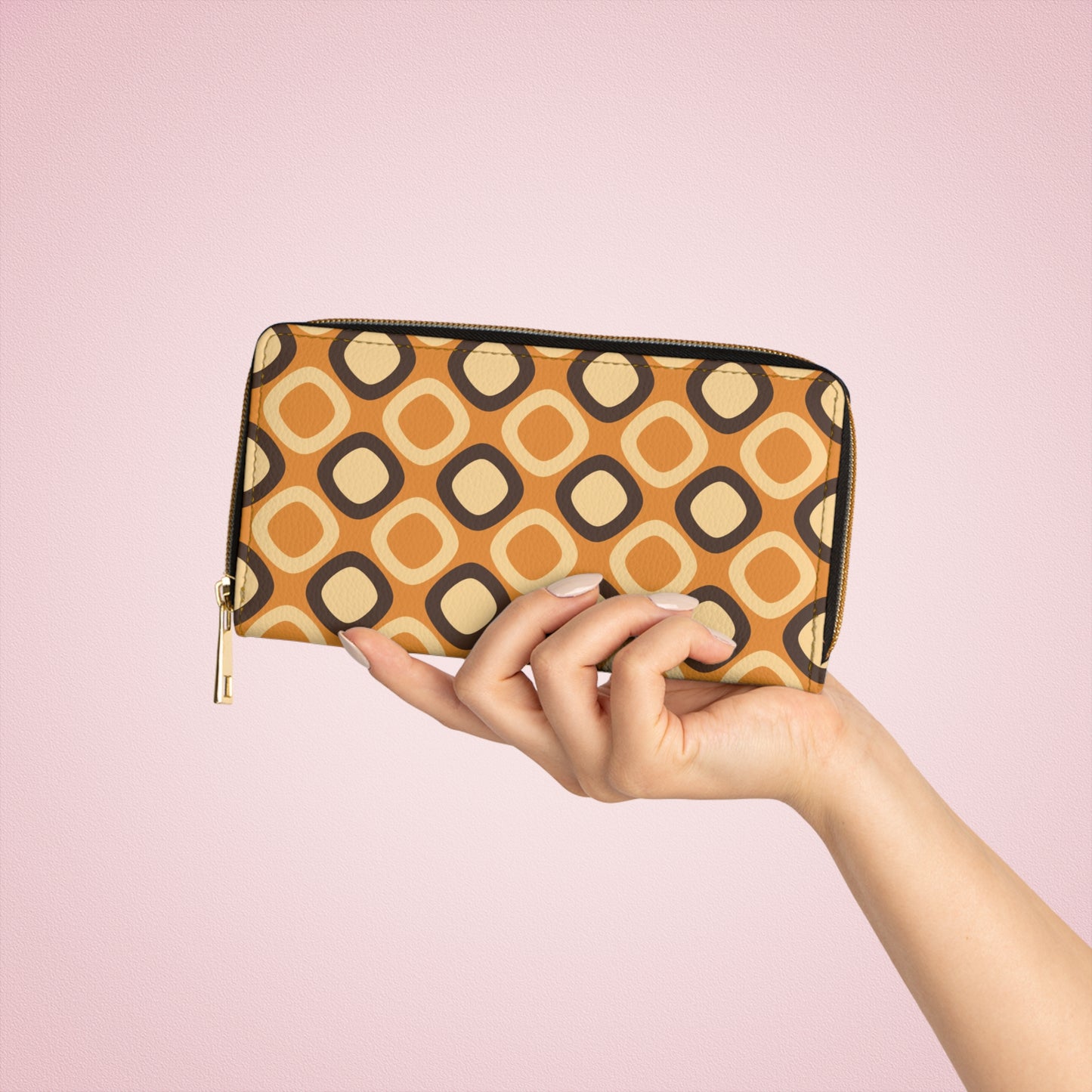 Retro 60s 70s Mod Squares MCM Orange, Brown Zipper Wallet