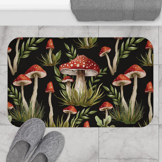 Amanita Muscaria Mushroom, Dark Cottagecore Watercolor Black, Red & Green Bath Mat | lovevisionkarma.com