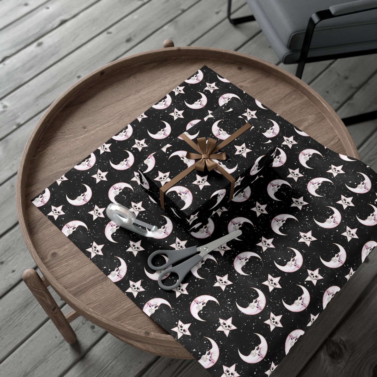 Goth Christmas Celestial Moon & Stars, Whimsical Kawaii Creepmas Black Eco-Friendly Gift Wrap