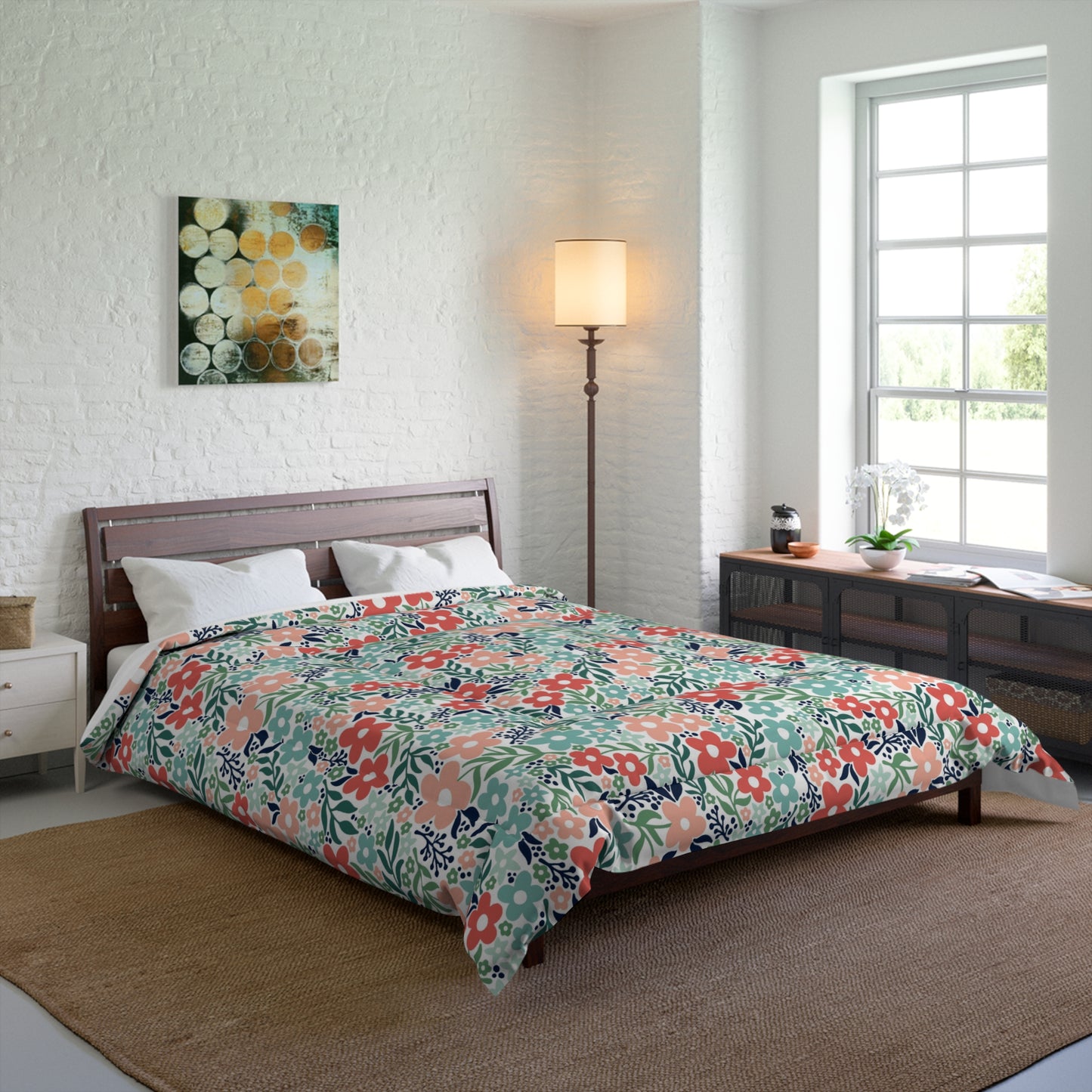 Retro Minimalist Scandi Flowers Cottagecore MCM Vintage Inspired Coral & Teal Comforter
