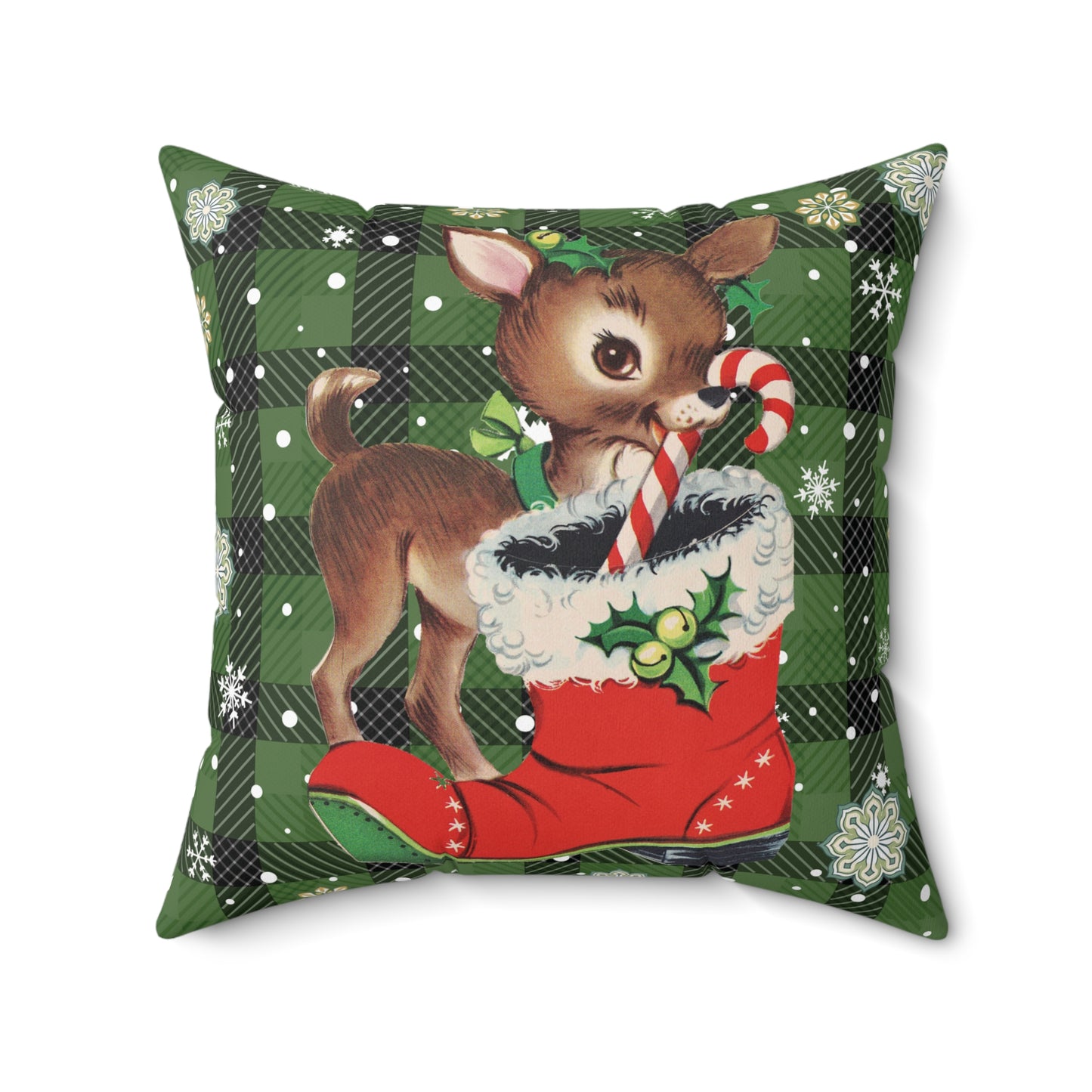 Retro 50s Christmas Vintage Reindeer MCM Green Throw Pillow