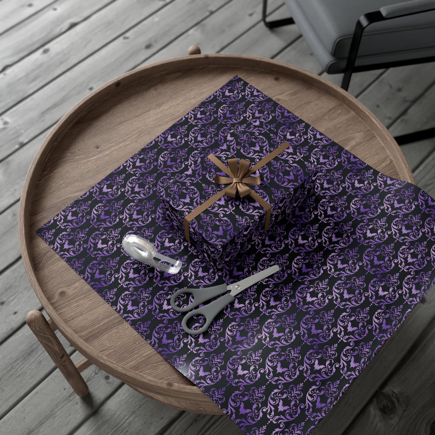 Purple Damask Bats, Victorian Goth Inspired, Dark Academia Goth Christmas & Creepmas Glam Goth Black Gift Wrap Paper