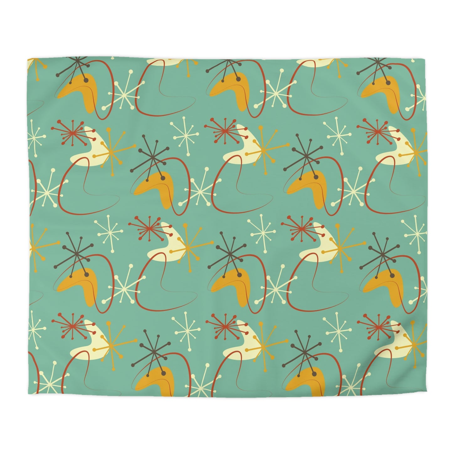 Retro Atomic Starburst & Boomerang Mid Century Blue & Mustard Duvet Cover