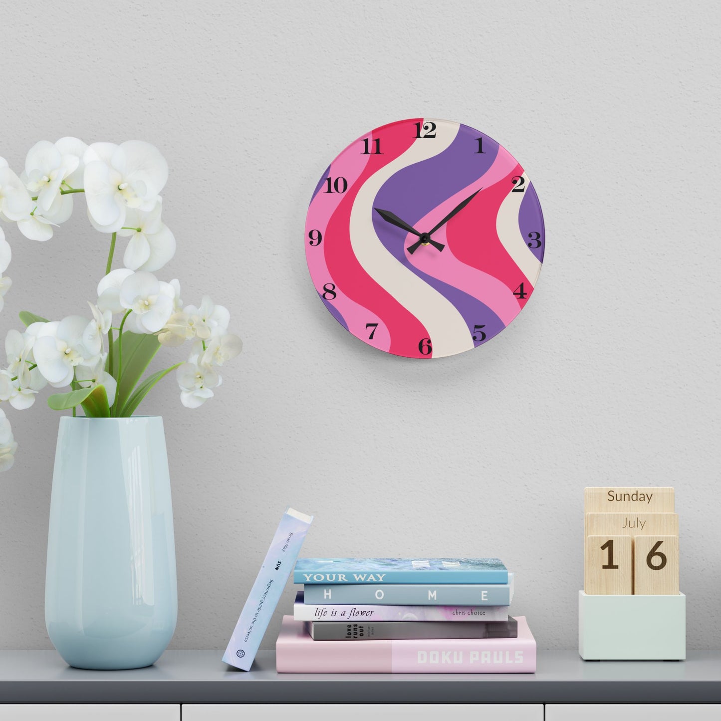 Groovy 60's Hippie Swirl Pink & Purple Mid Century Mod Acrylic Wall Clock