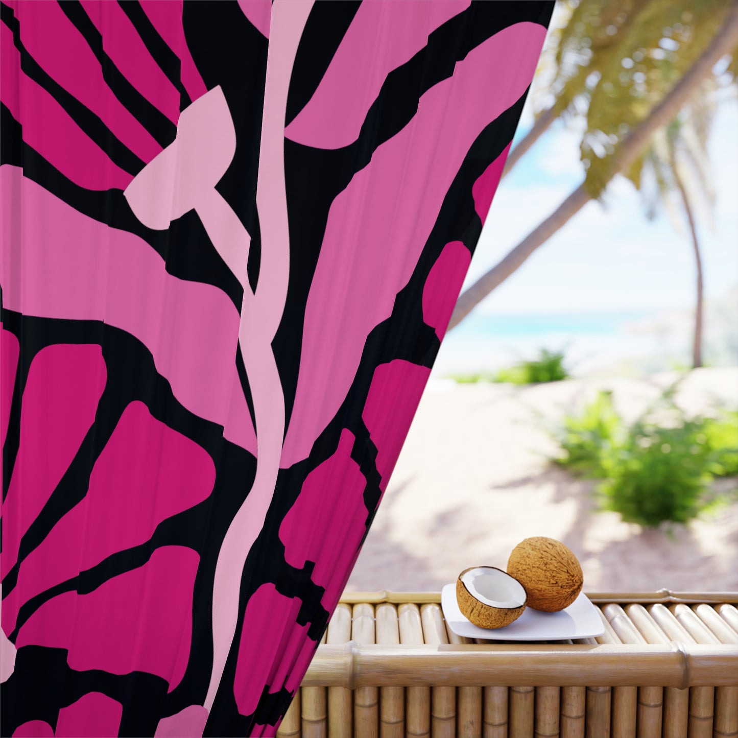 Groovy Mod Minimalist Flowers MCM Black & Pink Blackout Window Curtain
