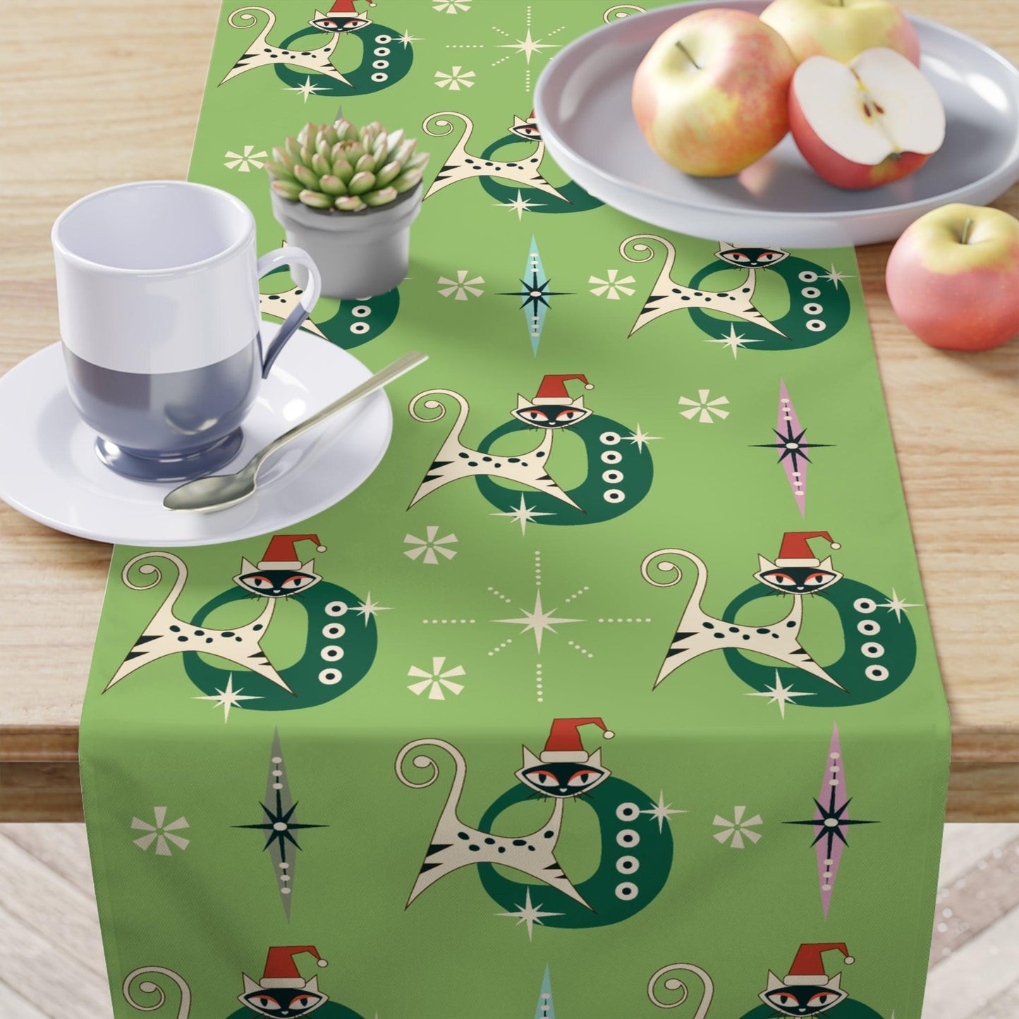 Retro 1950s Christmas Atomic Kitties in Santa Hats Vintage Green Table Runner | lovevisionkarma.com