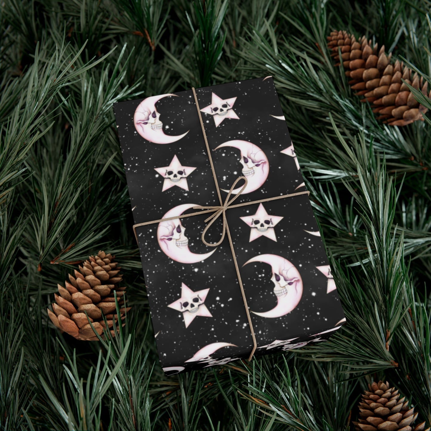 Goth Christmas Celestial Moon & Stars, Whimsical Kawaii Creepmas Black Eco-Friendly Gift Wrap